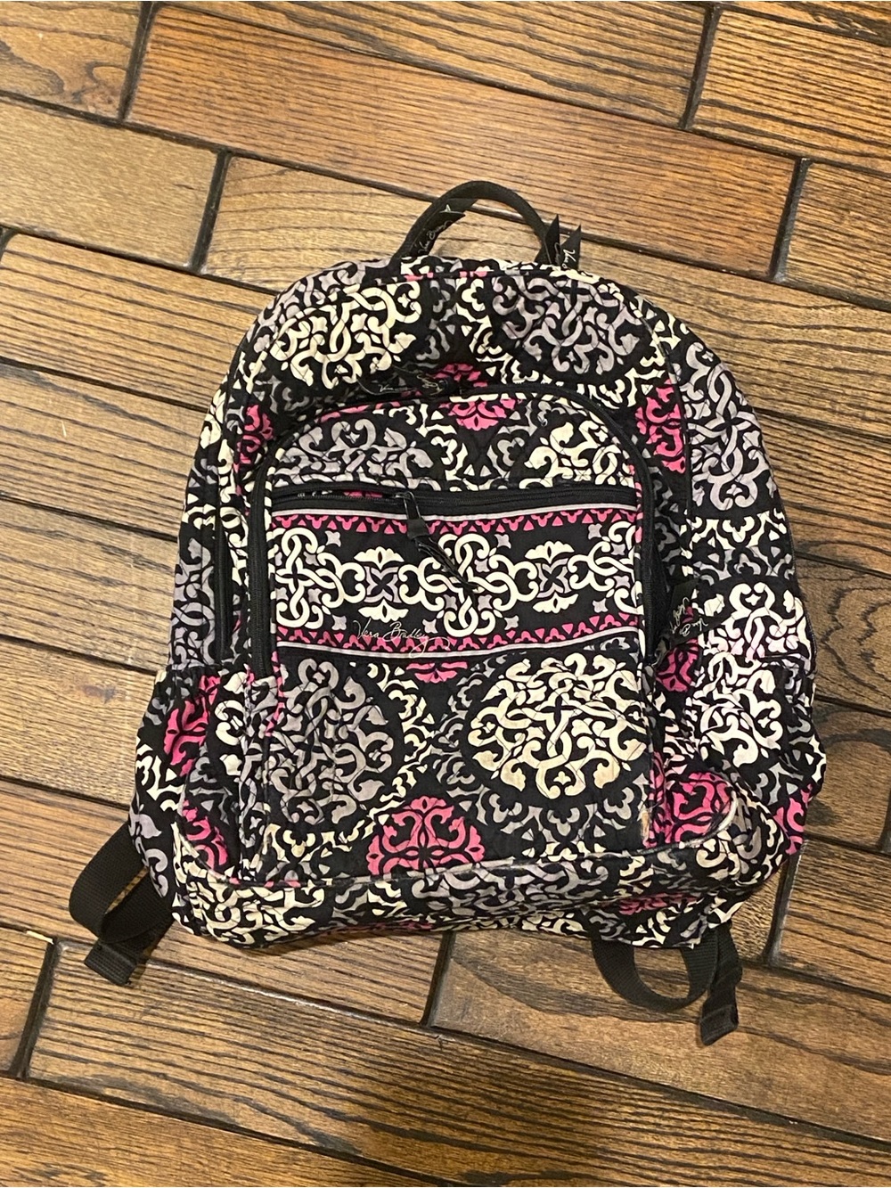 Vera Bradley Black Backpack with Pink and Cream Scroll Motif